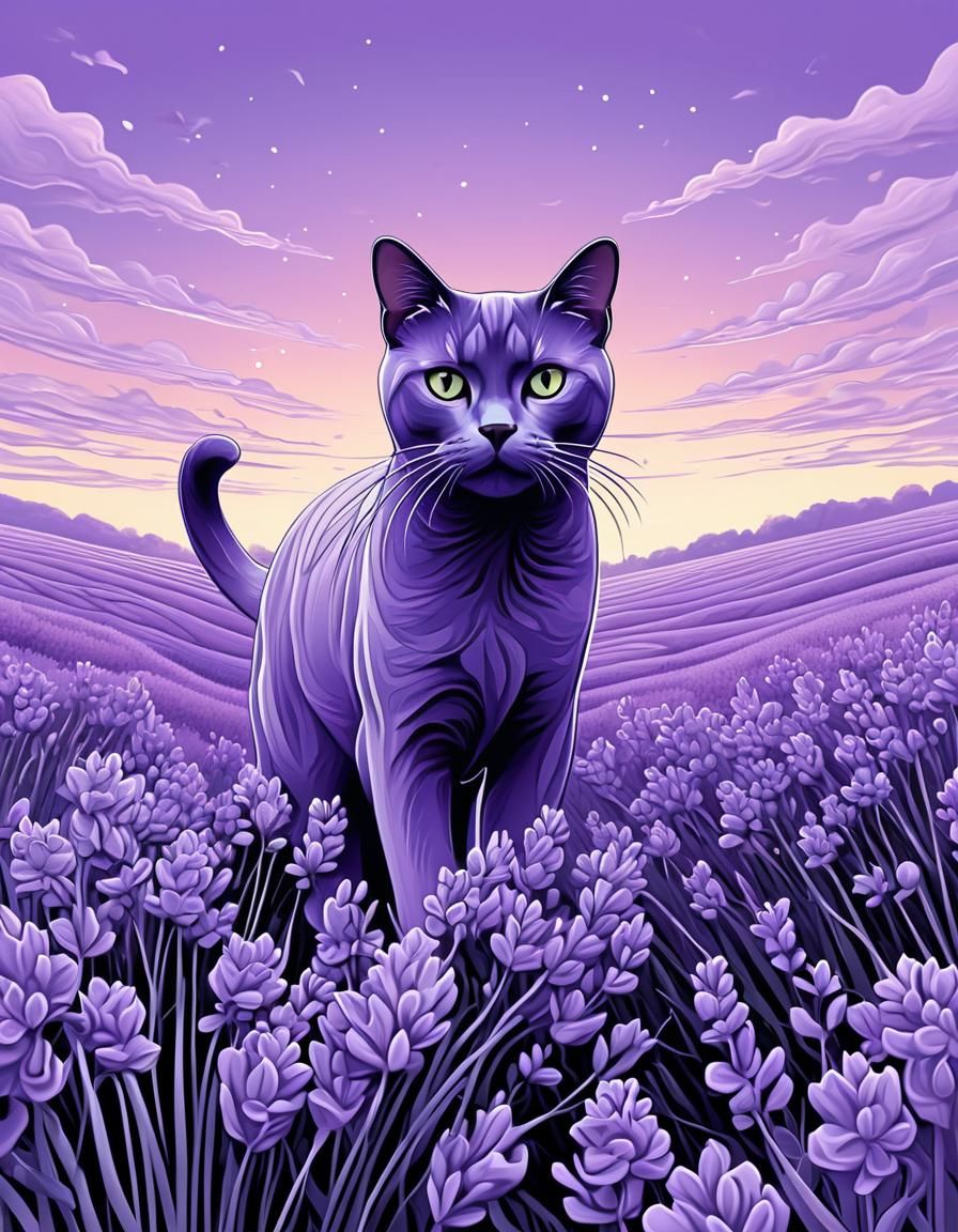 Abstract Vector Fractal Art: Cat in Lavender Field