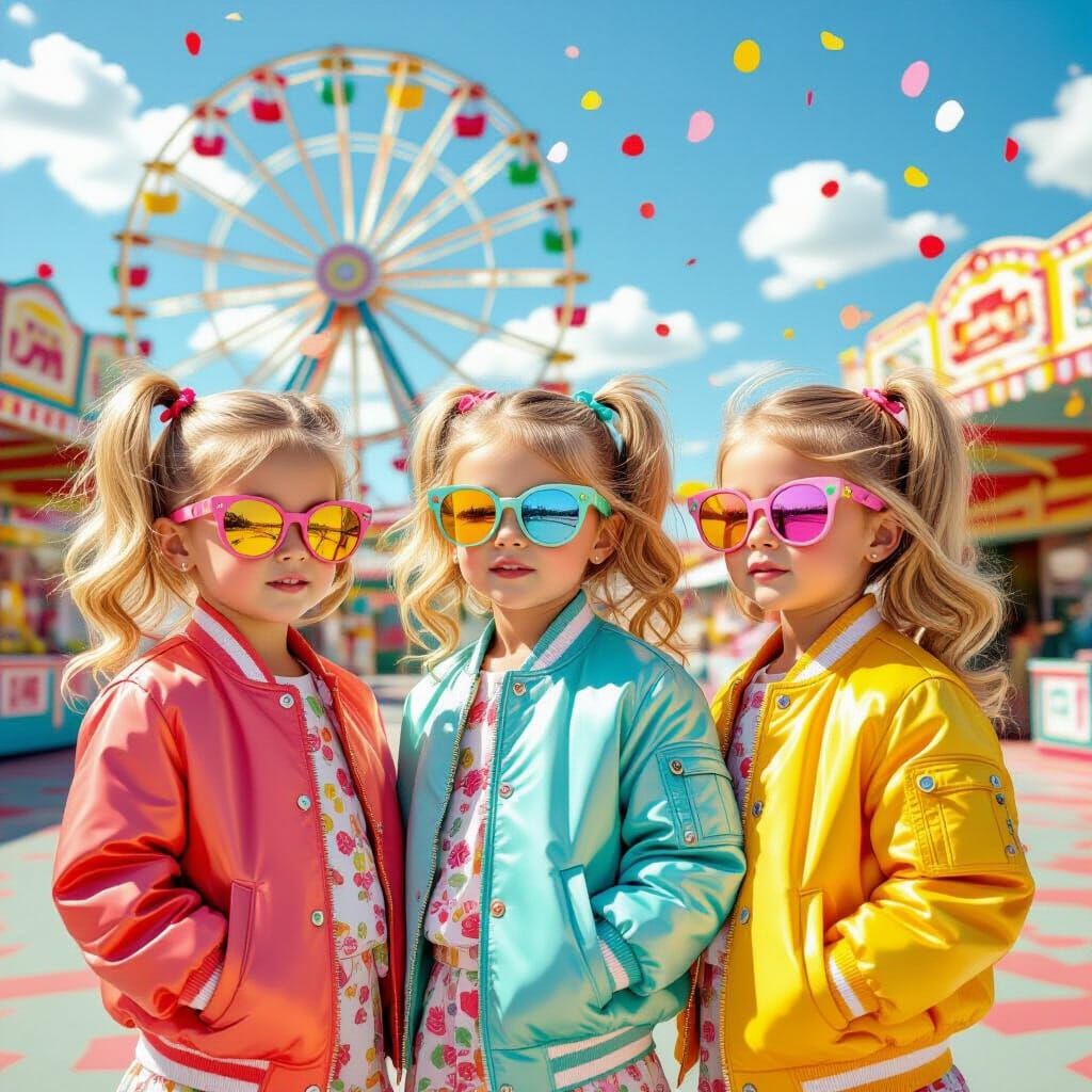 Triplets Enjoying a Retro Amusement Park in Pop Art Style