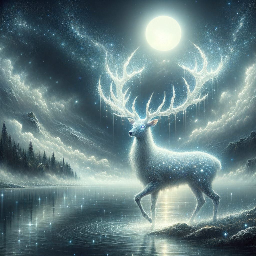 A luminous stag standing in a moonlit lake with stars in its antlers.  by @Ima