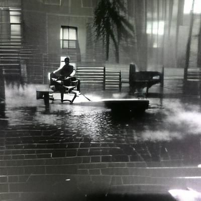 Man sitting on a bench while its raining