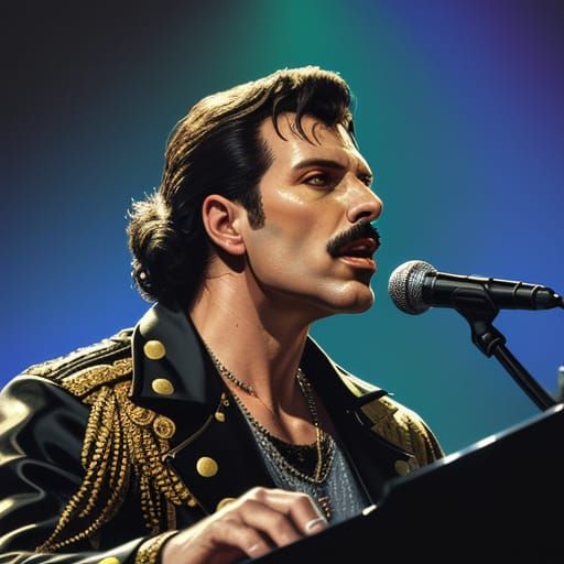 A portraite of Freddy Mercury singing and playing piano in the live aid concert in 1985 at Wembley Stadium,In the style of a basil gogos pai...