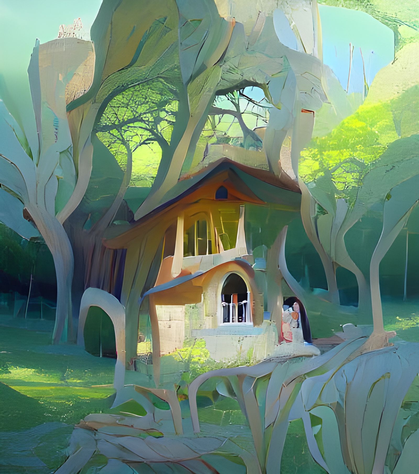 Fairytale house amongst the oak trees and the sunlit grass