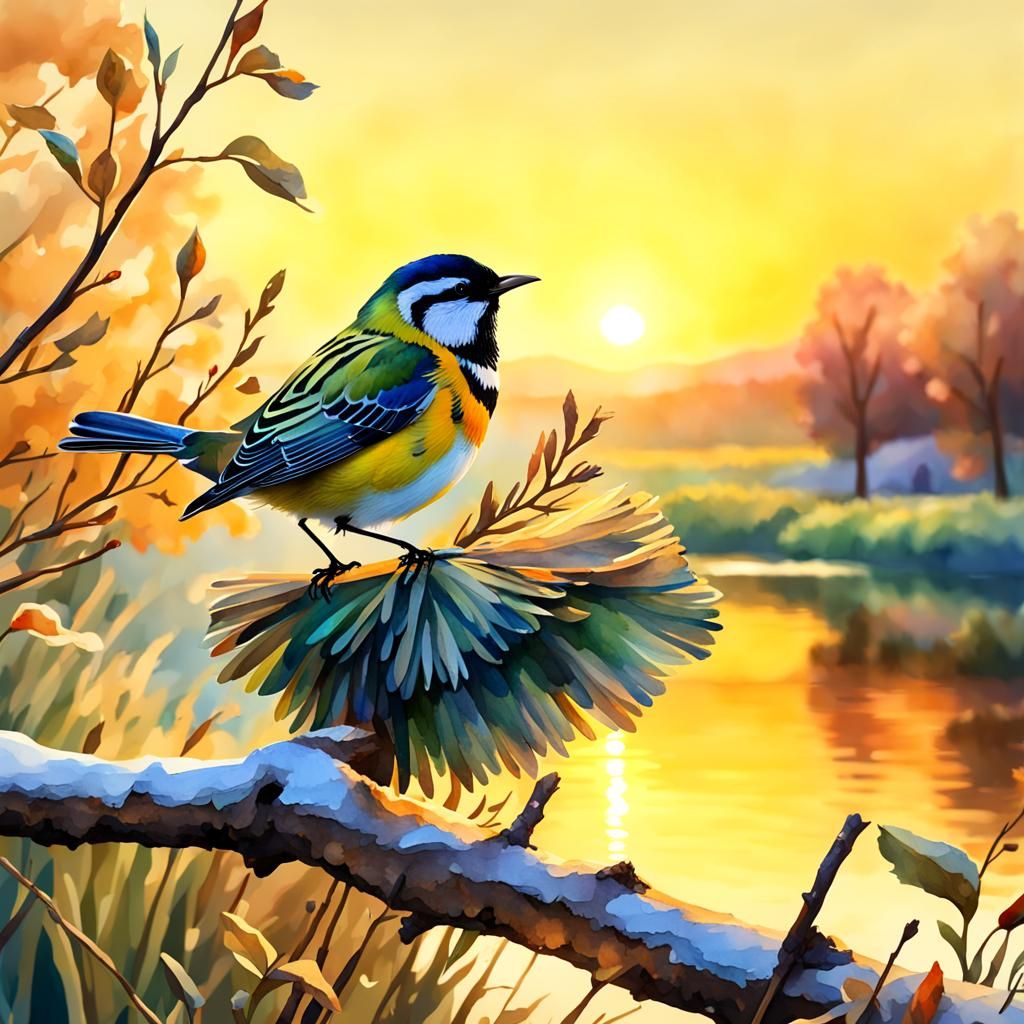 A wonderful songbird deep color golden hour 8K 3D watercolor  by @wertyuiopasdfghjklzxcvbnm