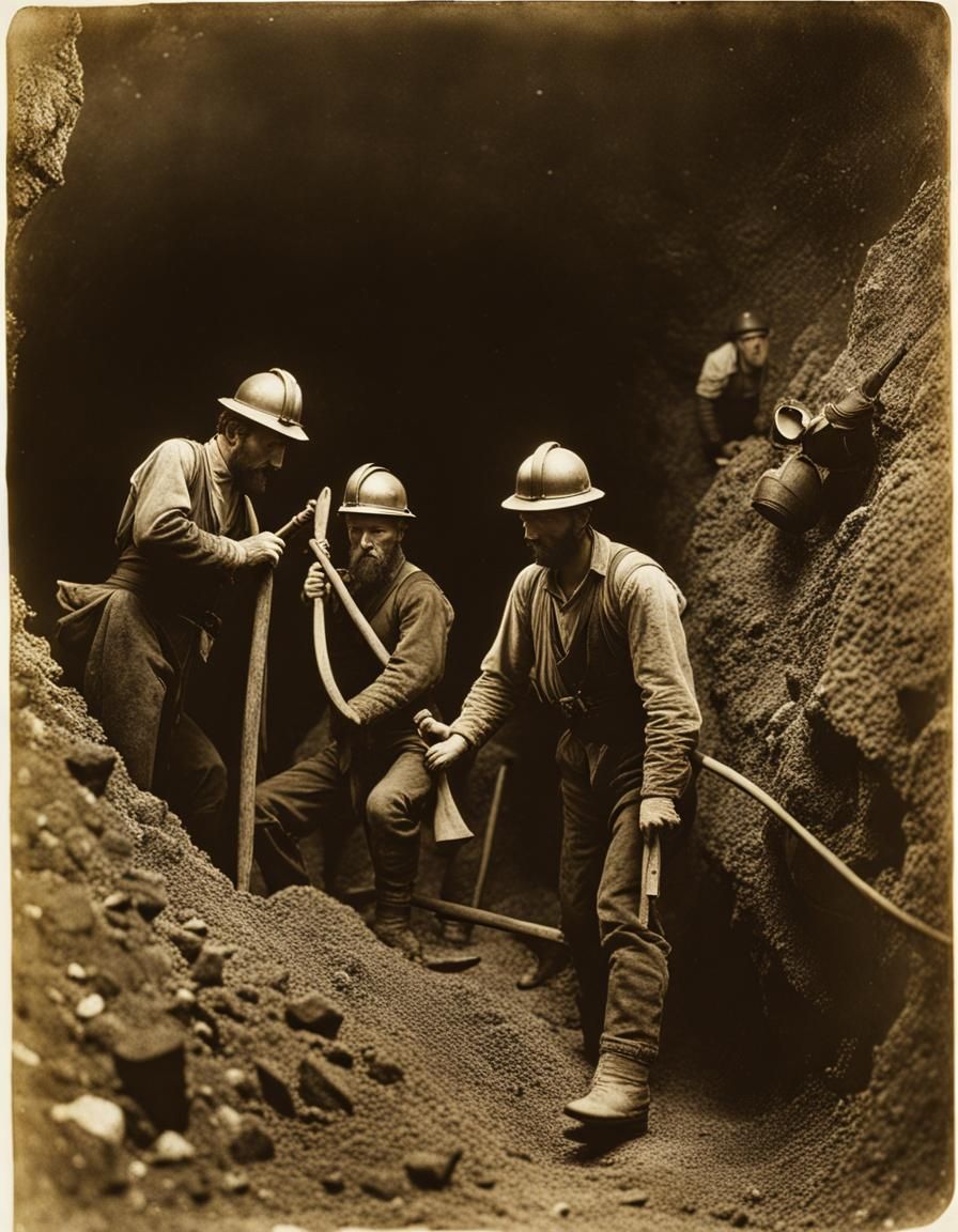 Miners  Working in a tin mine, Cornwall, 1850, grainy, gritt...