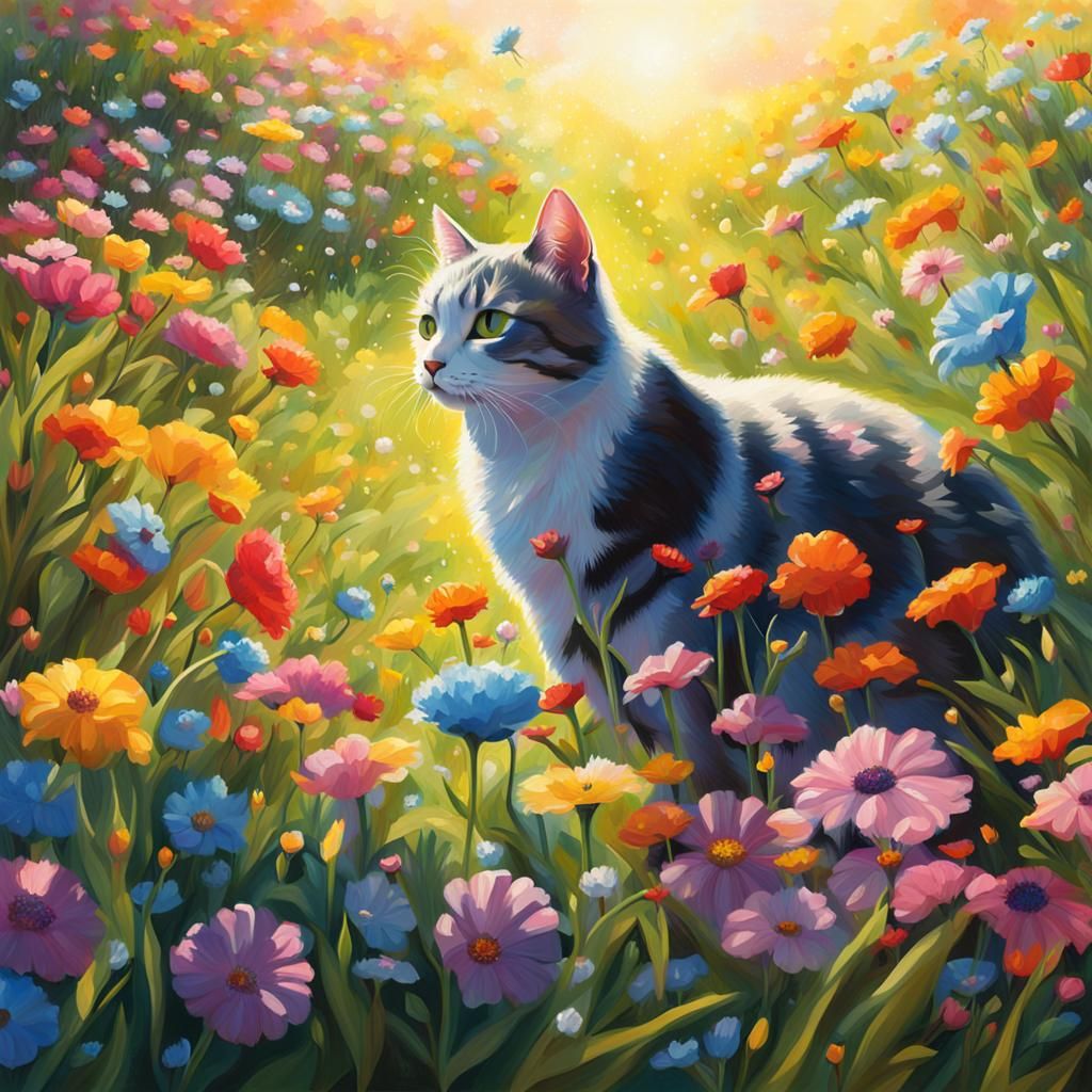 Glimpse of Spring field with flowers and cats sparkle glow s...
