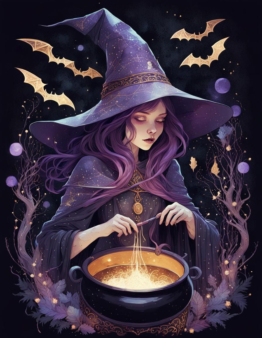 Magical Witch Made Of Constellation, Boiling Cauldron, black and purple, bats, gold filigree, white outlines, ...  by @Tek Noiz