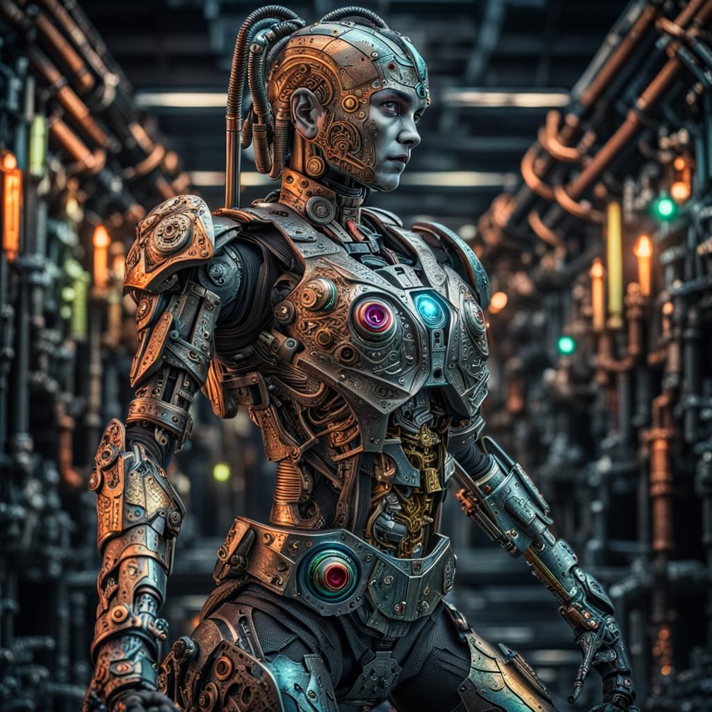 Grimdark Cyborg Battle Scene in Multicolored Metal