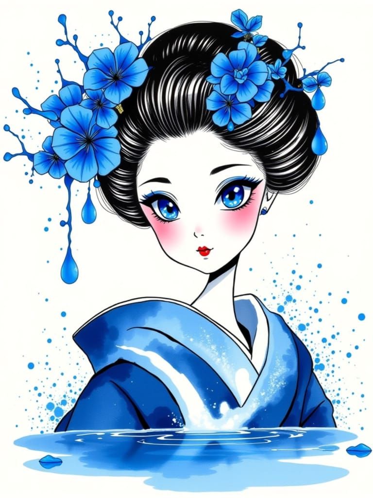 A whimsical Sumi-e style geisha with bold sapphire eyes and a matching sapphire splash, featuring expressive brushwork and a minimalist comp...