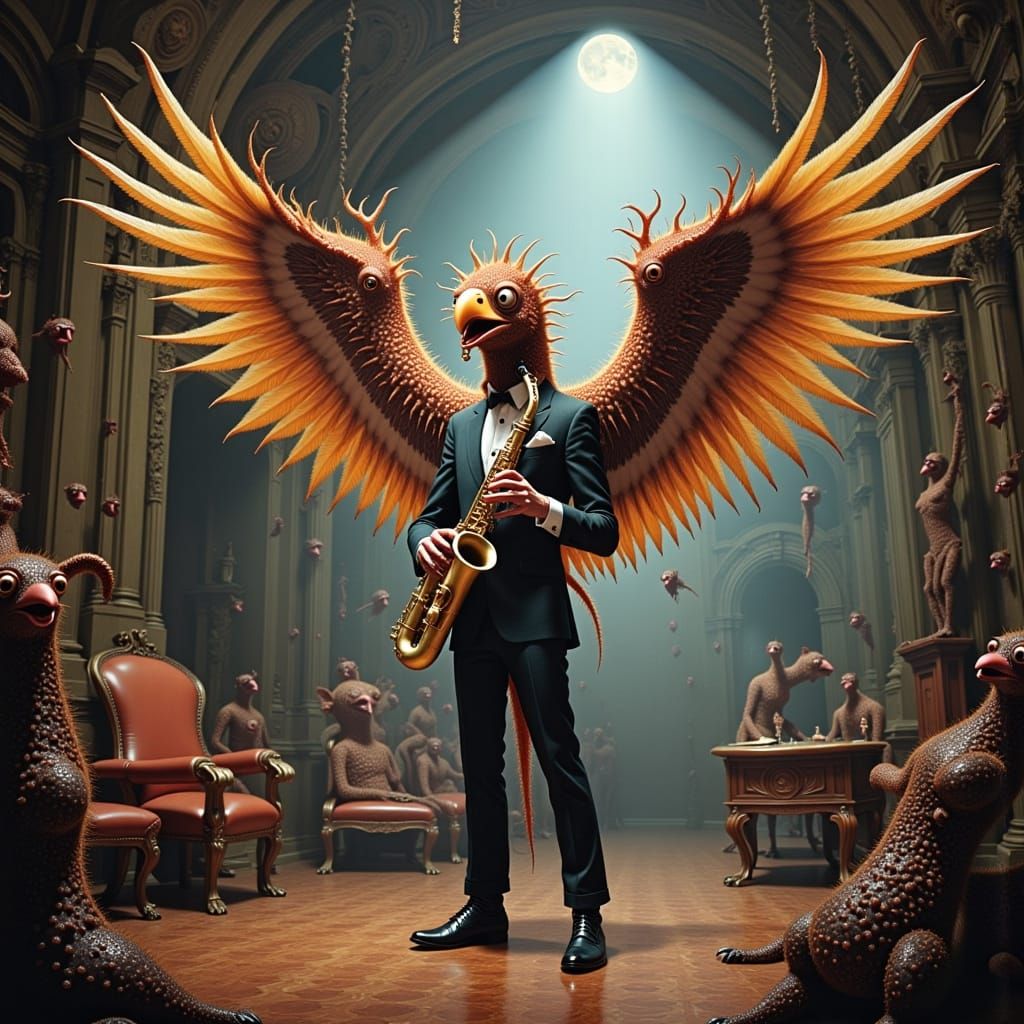 <lora:Surreal Monsters:1.0> surreal grotesque Full shot. A steampunk musician with spread-eagle fractal wings plays a saxophone in a grand, ...