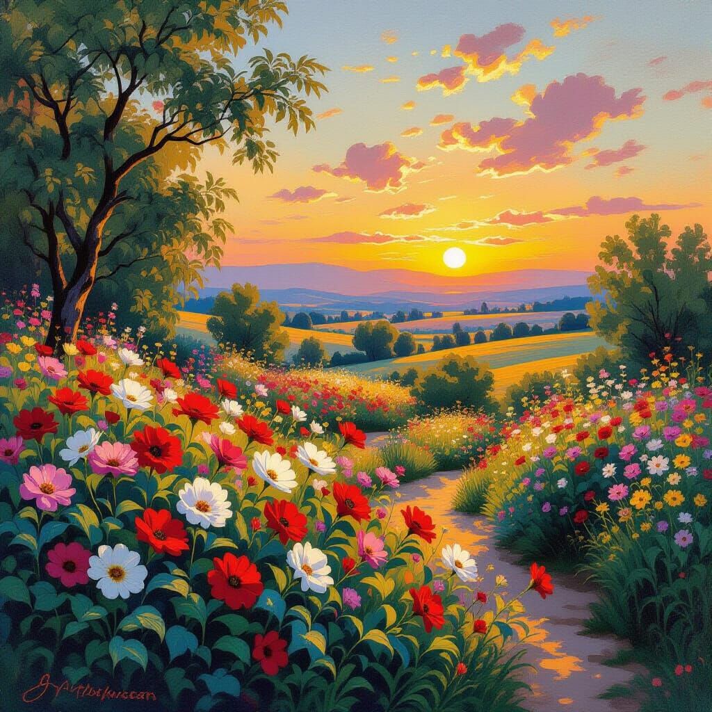 Blooming Flowers in Impressionist Art Nouveau Landscape
