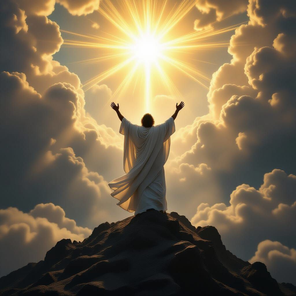 Biblical Victory Scene: Man Ascends to Golden Heaven