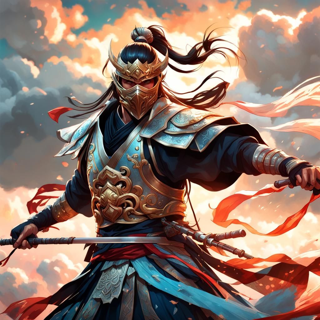 fully masked Asian assassin with frilly armor and flowing si...