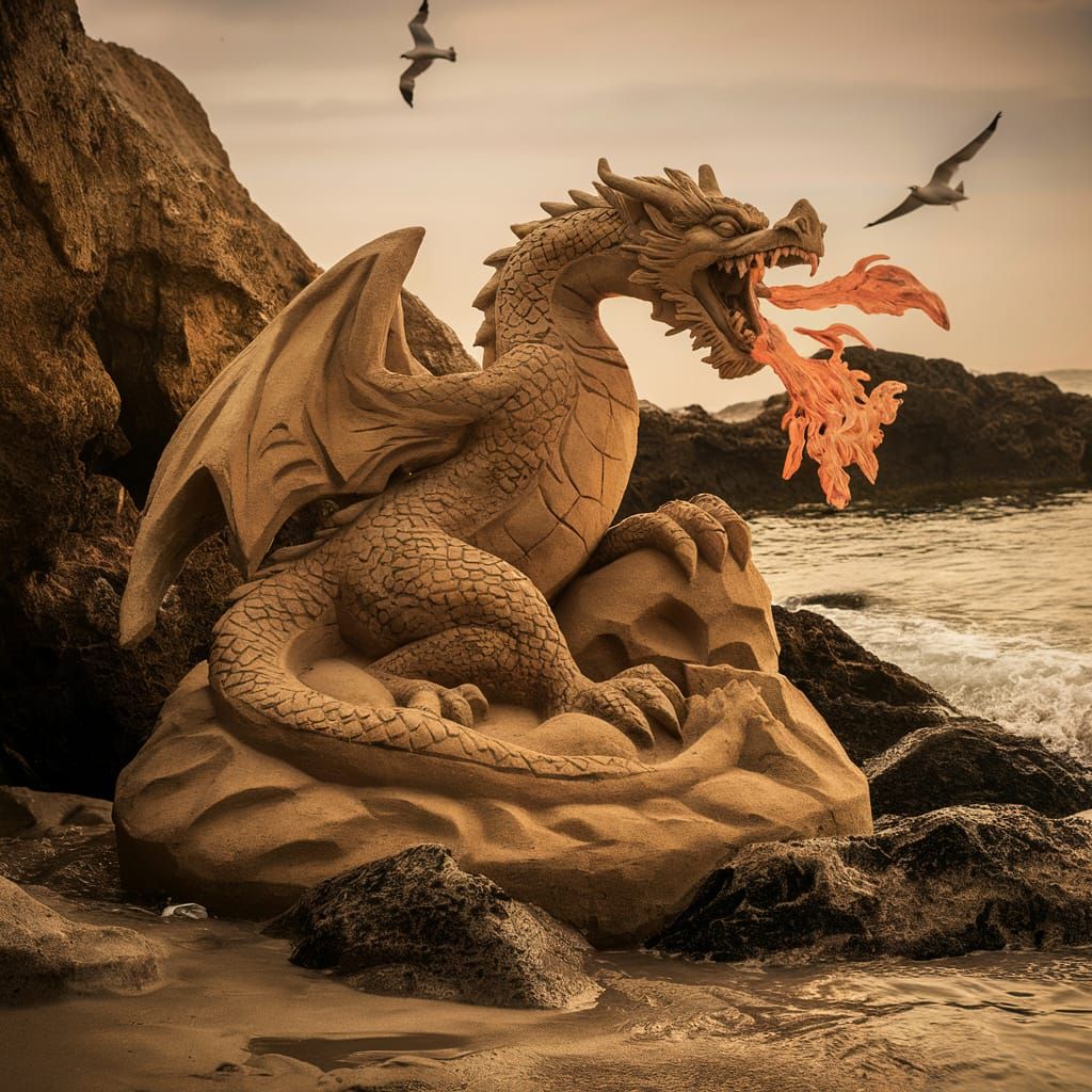 Dragon sand sculpture on a rocky beach - AI Generated Artwork ...