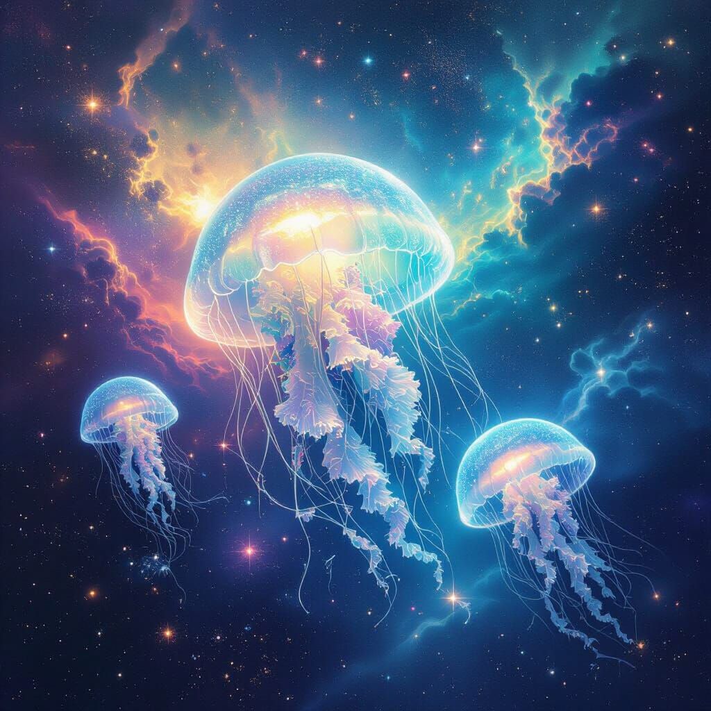 Bioluminescent Jellyfish in Cosmic Surrealism Style