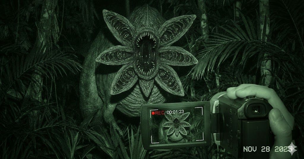 Terrifying found footage style horror image of a scientifically accurate T. rex/demogorgan hybrid caught on camera by a ...