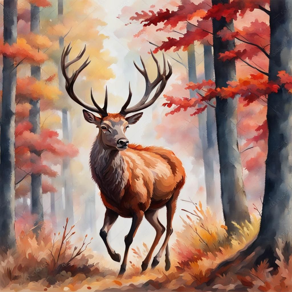 Red deer running in the forest during fall