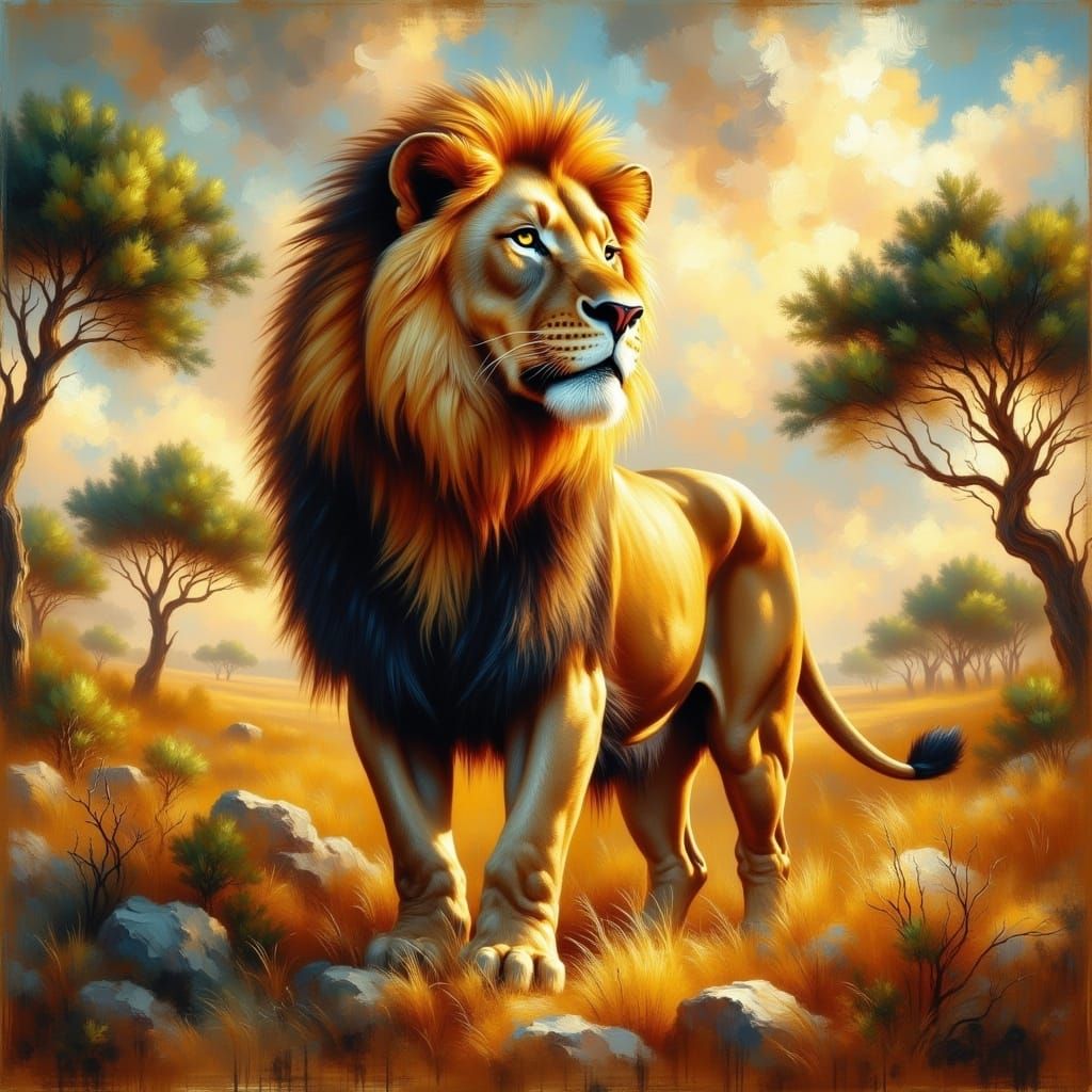 <lora:GazOilpaint:1.0> A beautiful photorealistic portrait of a lion, thick oilpaint