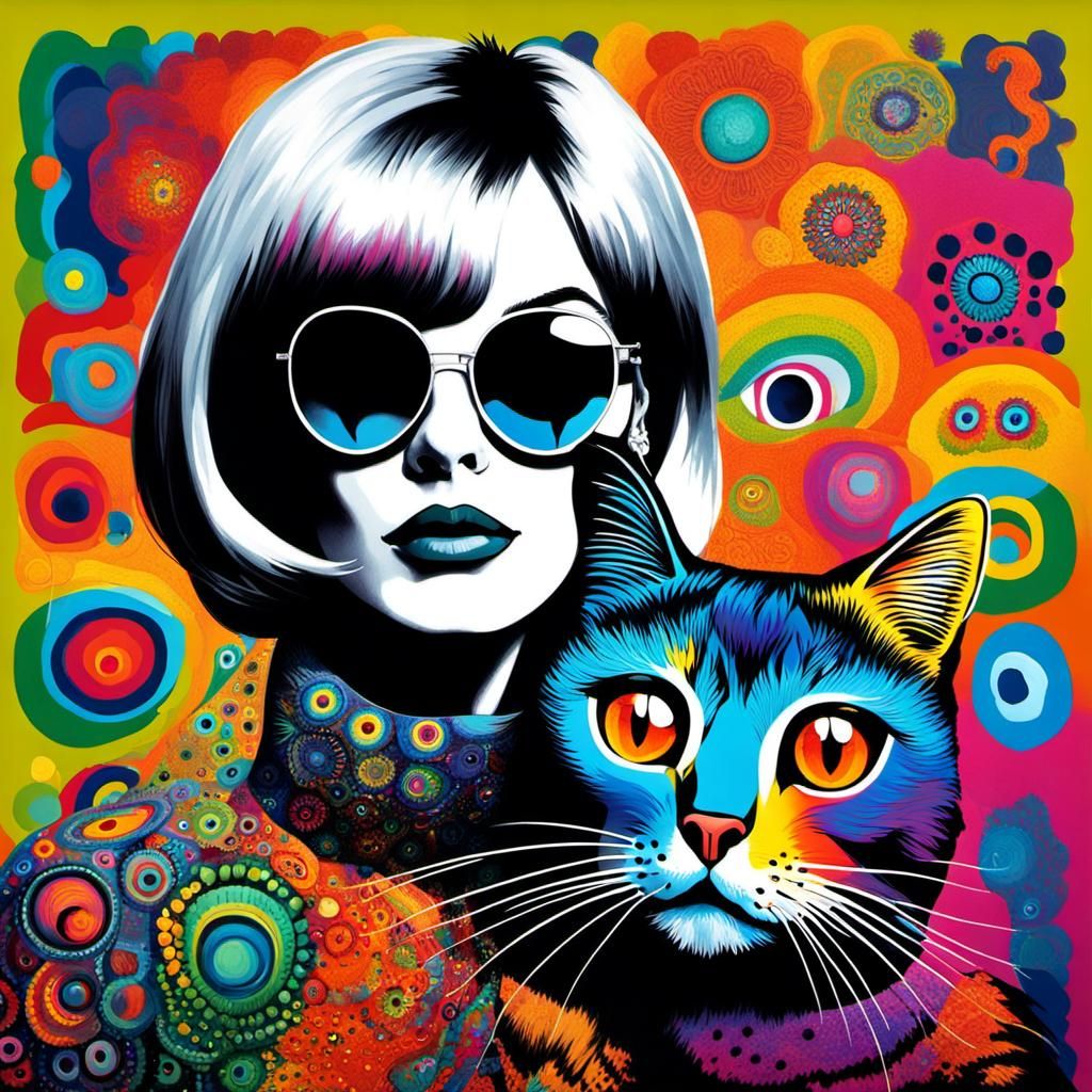 Stylish 60's painting. Young girl wearing Le Smocking Suit kissing "googly eyes" big-eyed rainbow cat. ...  by @HIKER