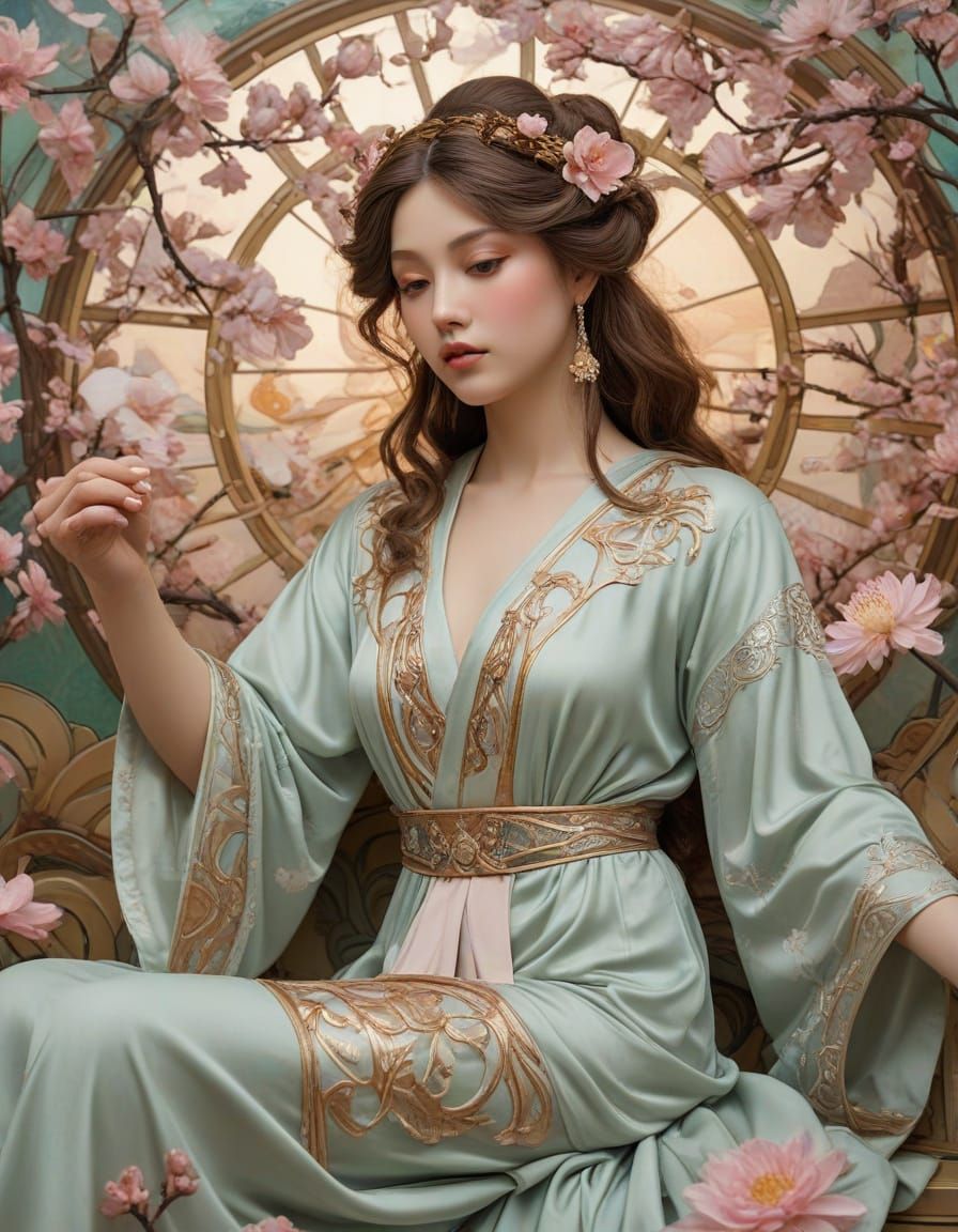 A serene goddess sits atop a floating lotus, surrounded by blooming cherry blossoms and swirling clouds. Her robes flow ethereally, adorned ...