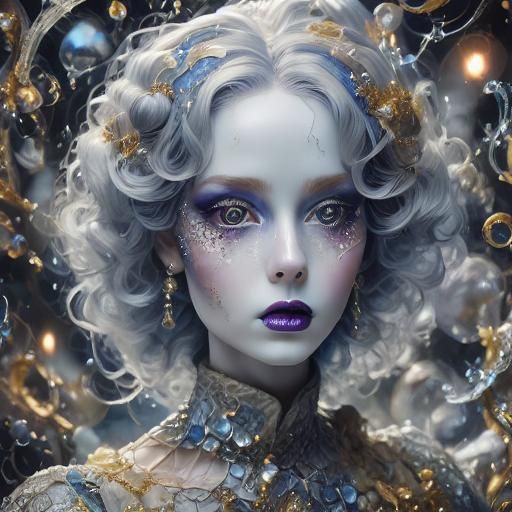 A stunning Doll-like woman with porcelain skin, <lora:Porcelain:1.0>    Long wavy elegant purple hair and intricate gold details, 