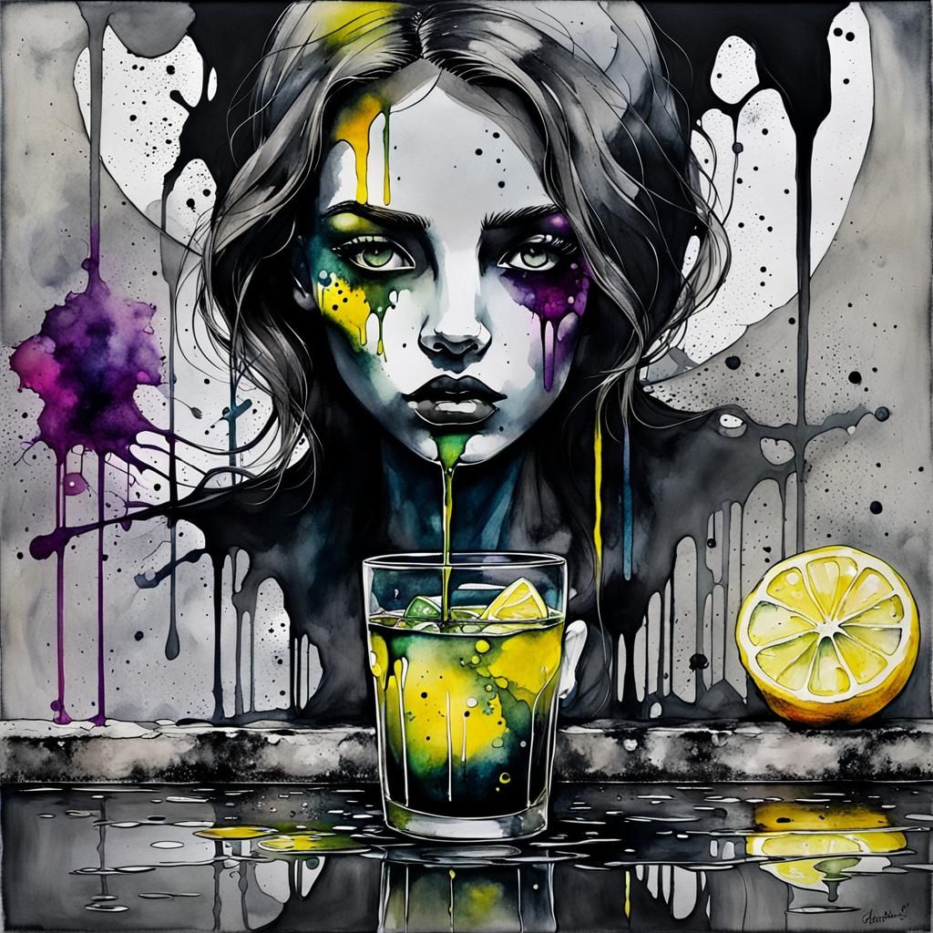 Emo Lemonade ,  pour my goth soul a black glass of Emo Lemonade in The silence of grey concrete makes me scream in color, alcohol inks, wat...