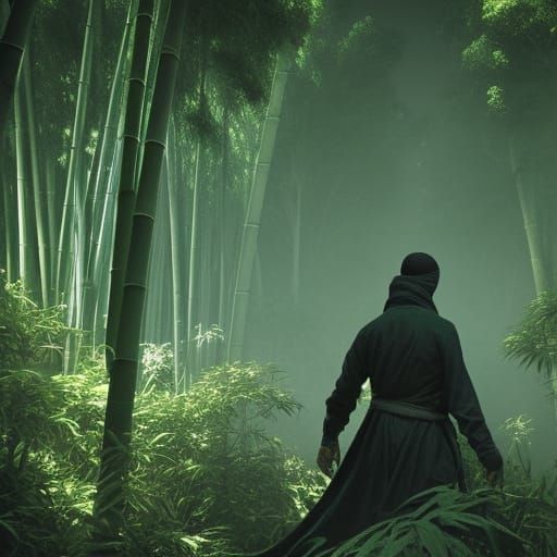 Ninja in a bamboo forest, sinister, horror Gustave Doré Greg Rutkowski ...