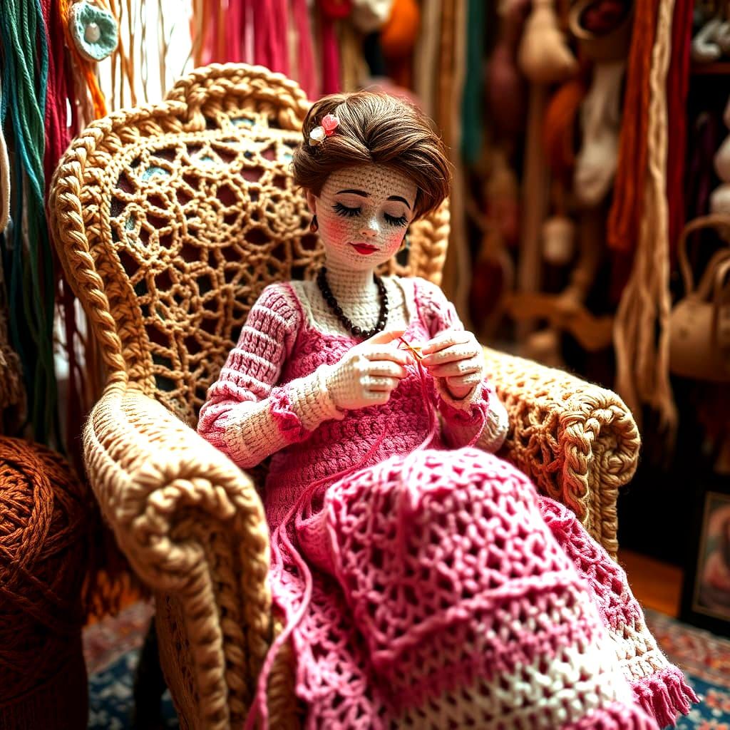 A lady sitting on an old chair, she is crocheting, everything in the scene is crocheted, even the lady. ...  by @Wirgraff