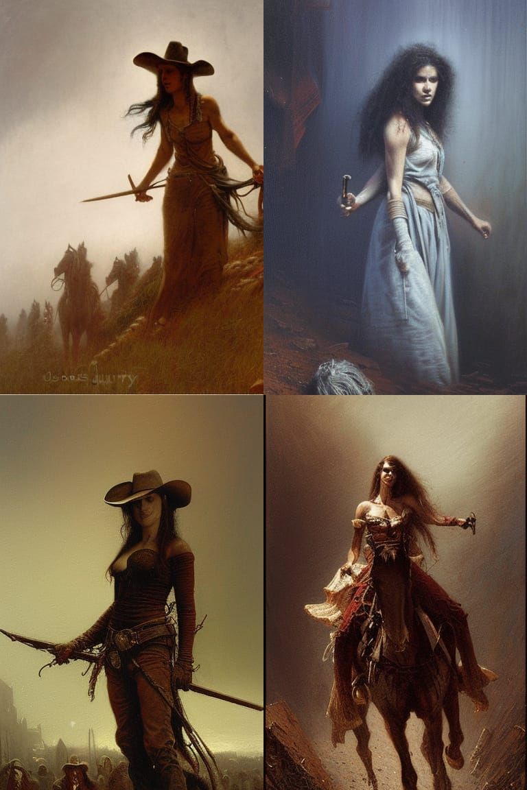 cowgirl horror Gustave Doré Greg Rutkowski oil painting by J...