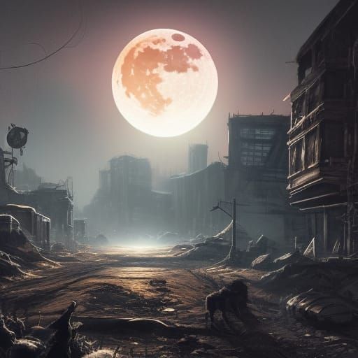 The moon shines on the postapocalyptic night