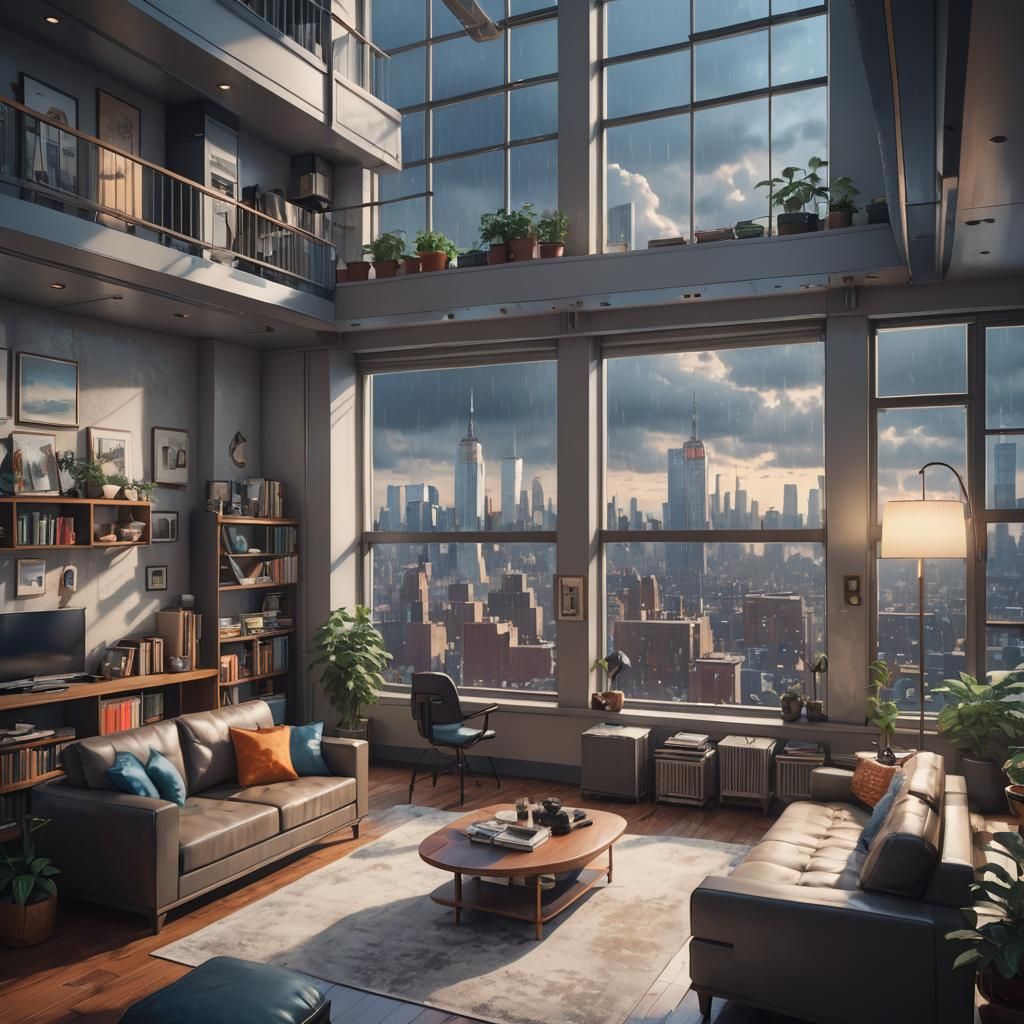 a Lofi New York flat with a view of the city