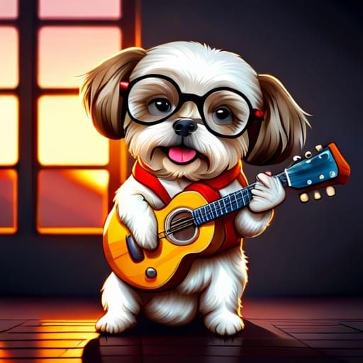 The cute hipster shih-tzu playing the guitar photorealistic ...