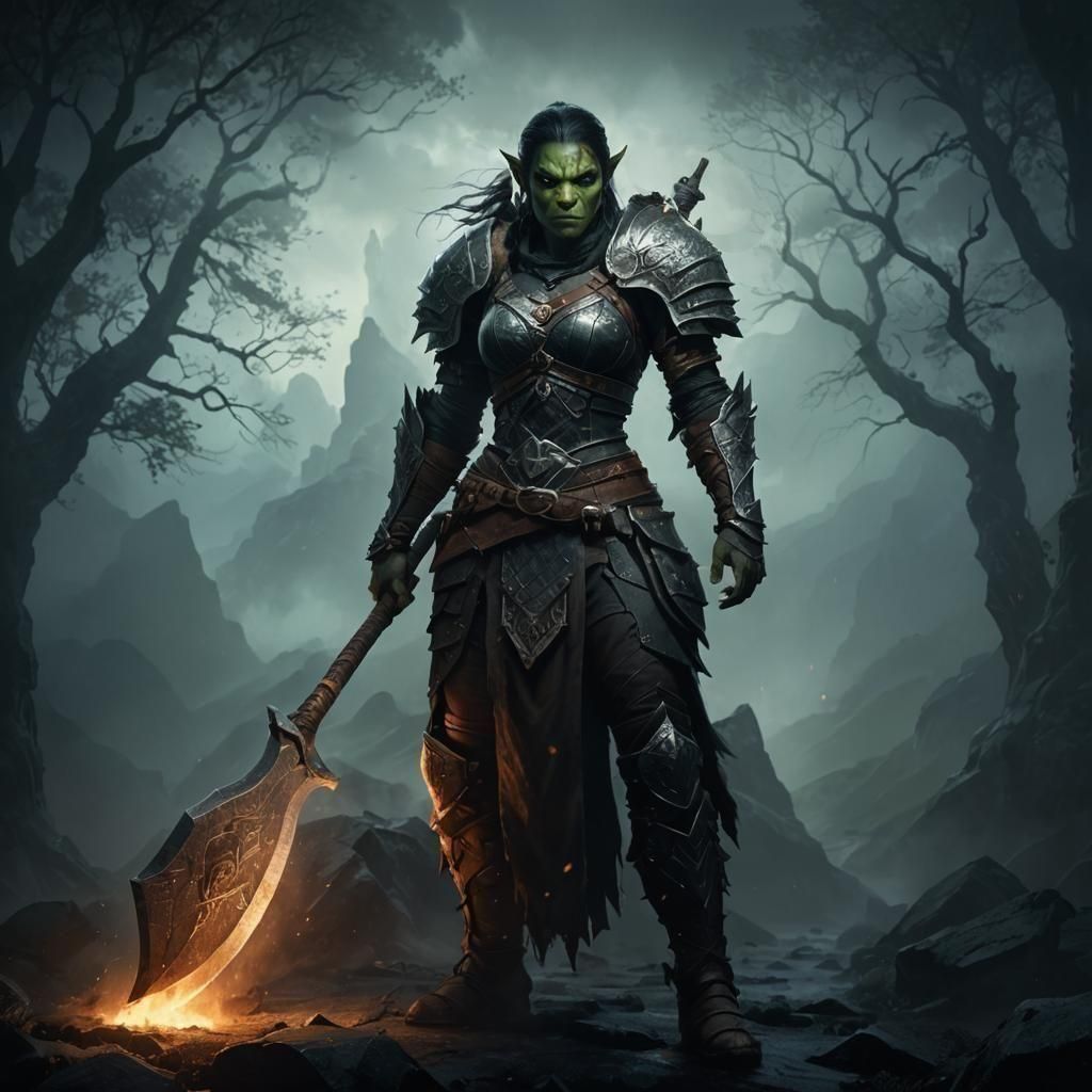 half orc female wielding a great axe, wearing a full breastplate