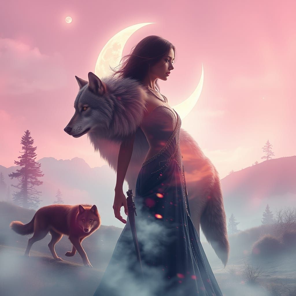 Majestic Wolf Goddess in Crescent Moonlit Dreamscape