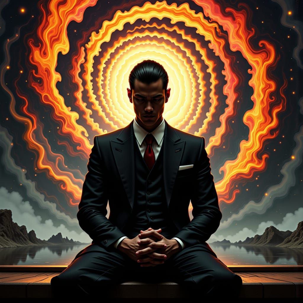 A stoic, handsome yakuza boss with a traditional dragon tattoo snaking up his neck, wearing a sleek black suit, sits serene in a minimalist ...