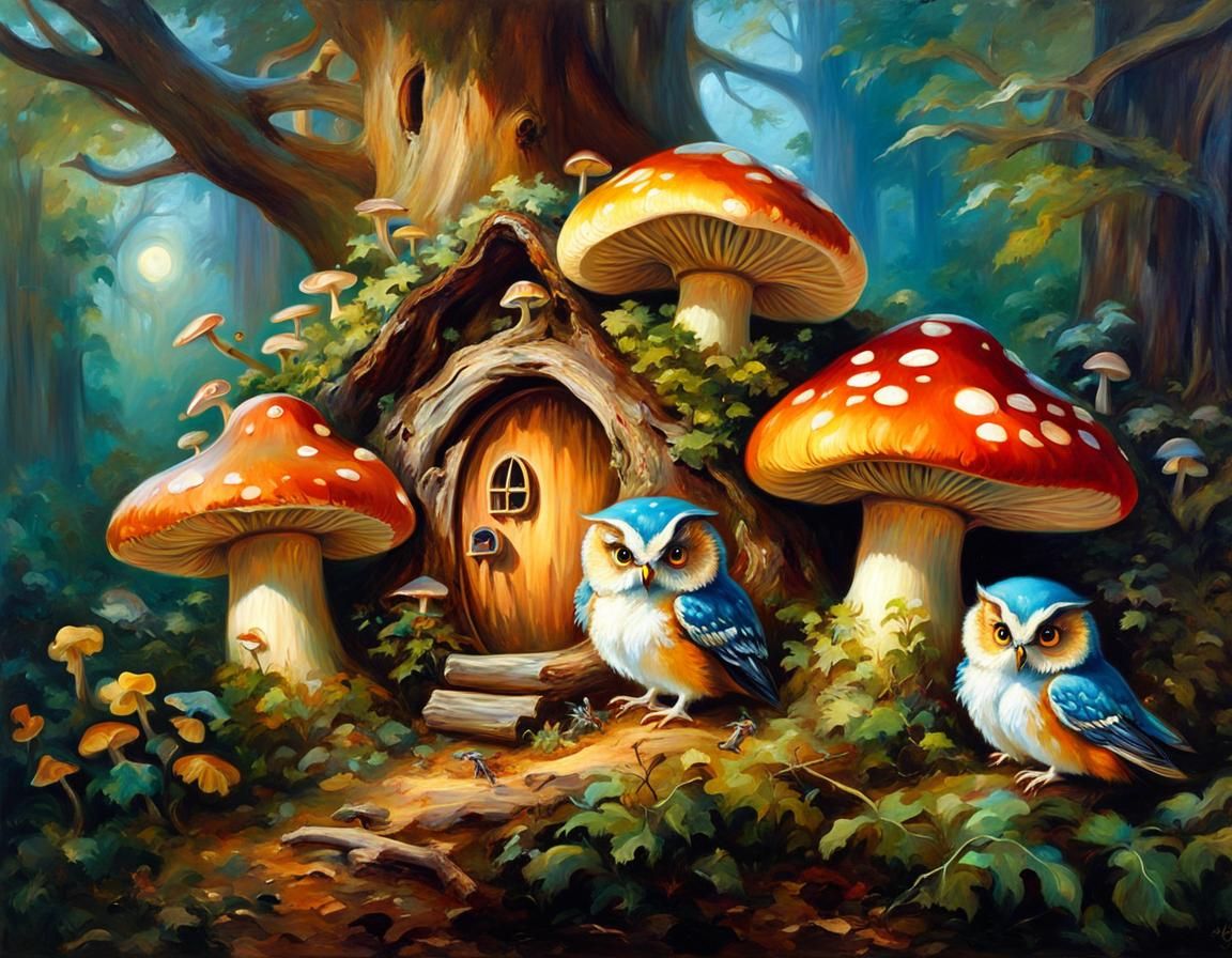 A fairy mushroom house in an enchanted bioluminescent forest...