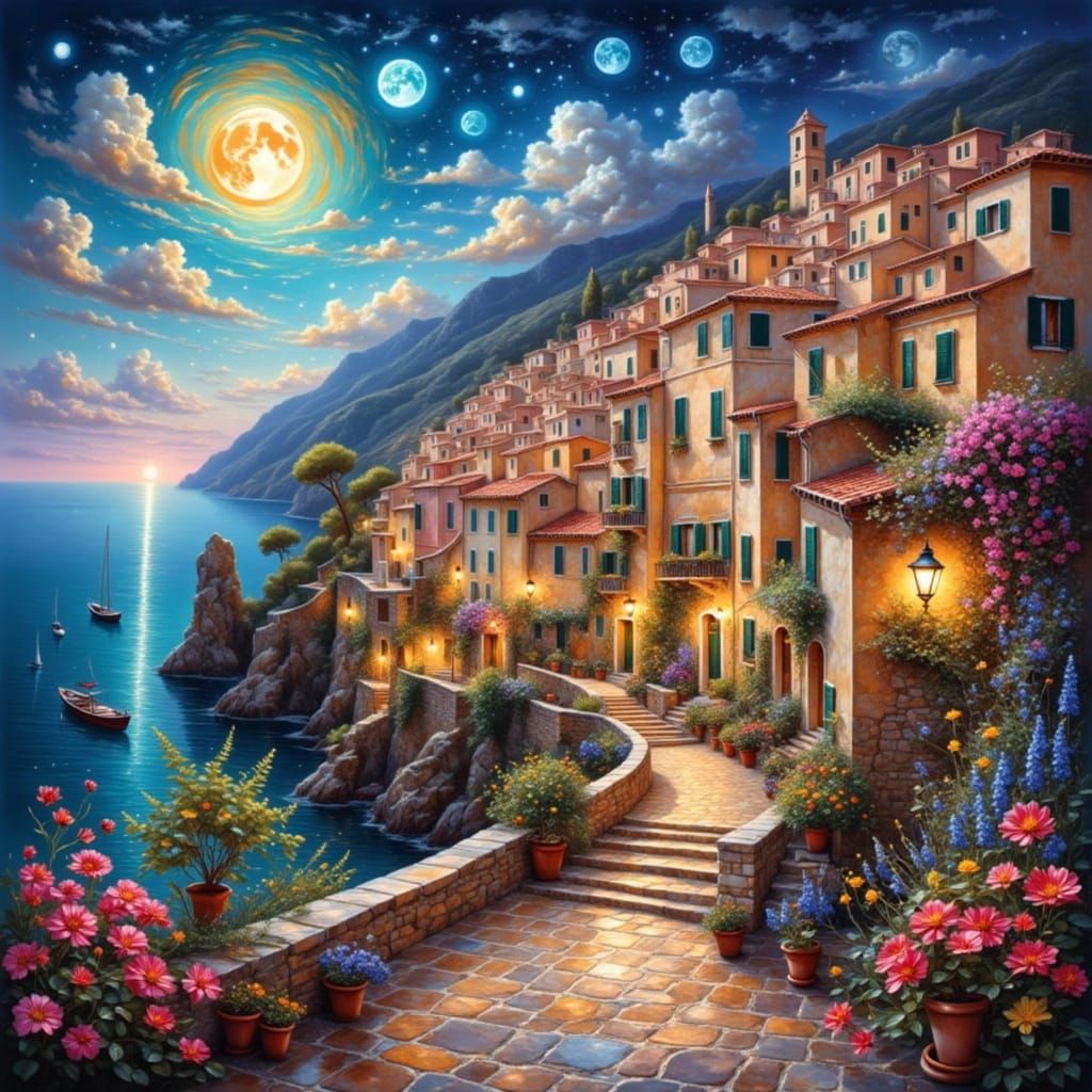 <lora:GLOW:1.0> a beautiful mediterranean town, houses crawling up a hill, colourful with pots of flowers, cosy ligts, sea beneath, mediterr...
