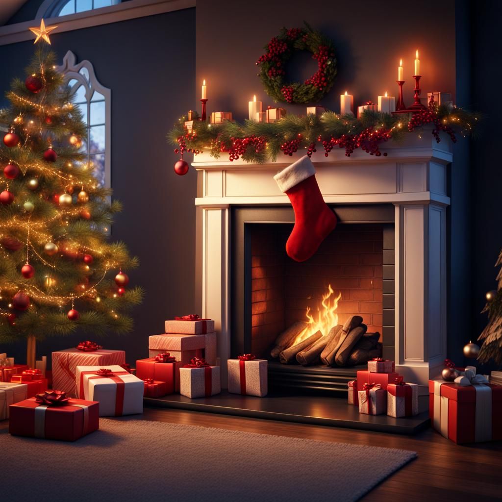 Christmas fire place with stockings and presents - AI Generated Artwork ...