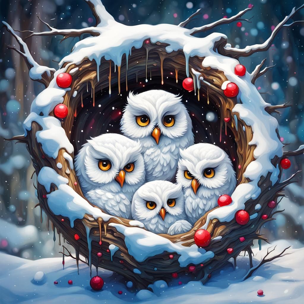 A sweet nest of white owls  by @SnowPrincess