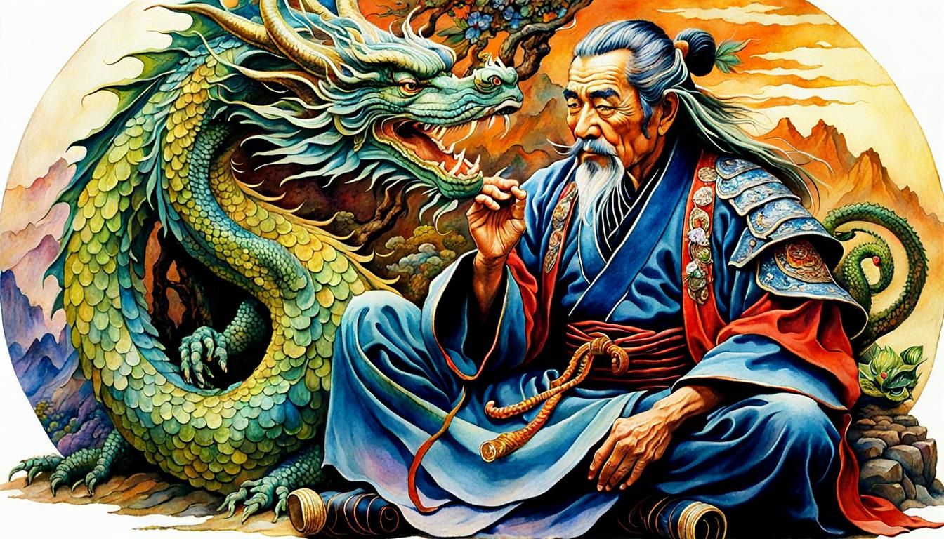 Master samurai with his pet dragon  by @MacMikkola