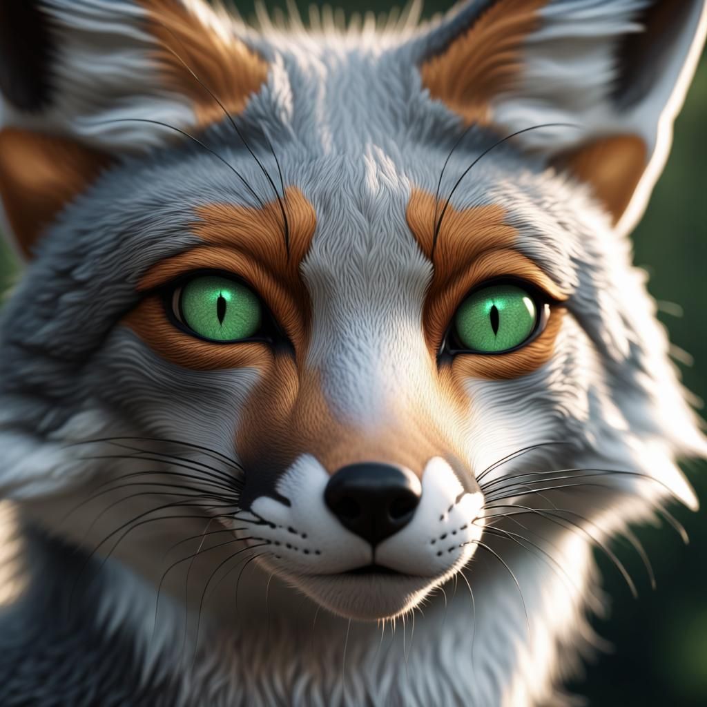 close shot of a realistic light gray fox with sage green eye...