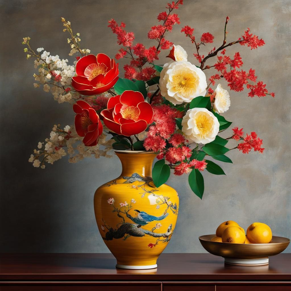 Beautiful elegant oriental kintsugi flower vase with tsubaki and momo flowers in japanese living-room, ...  by @CECHI