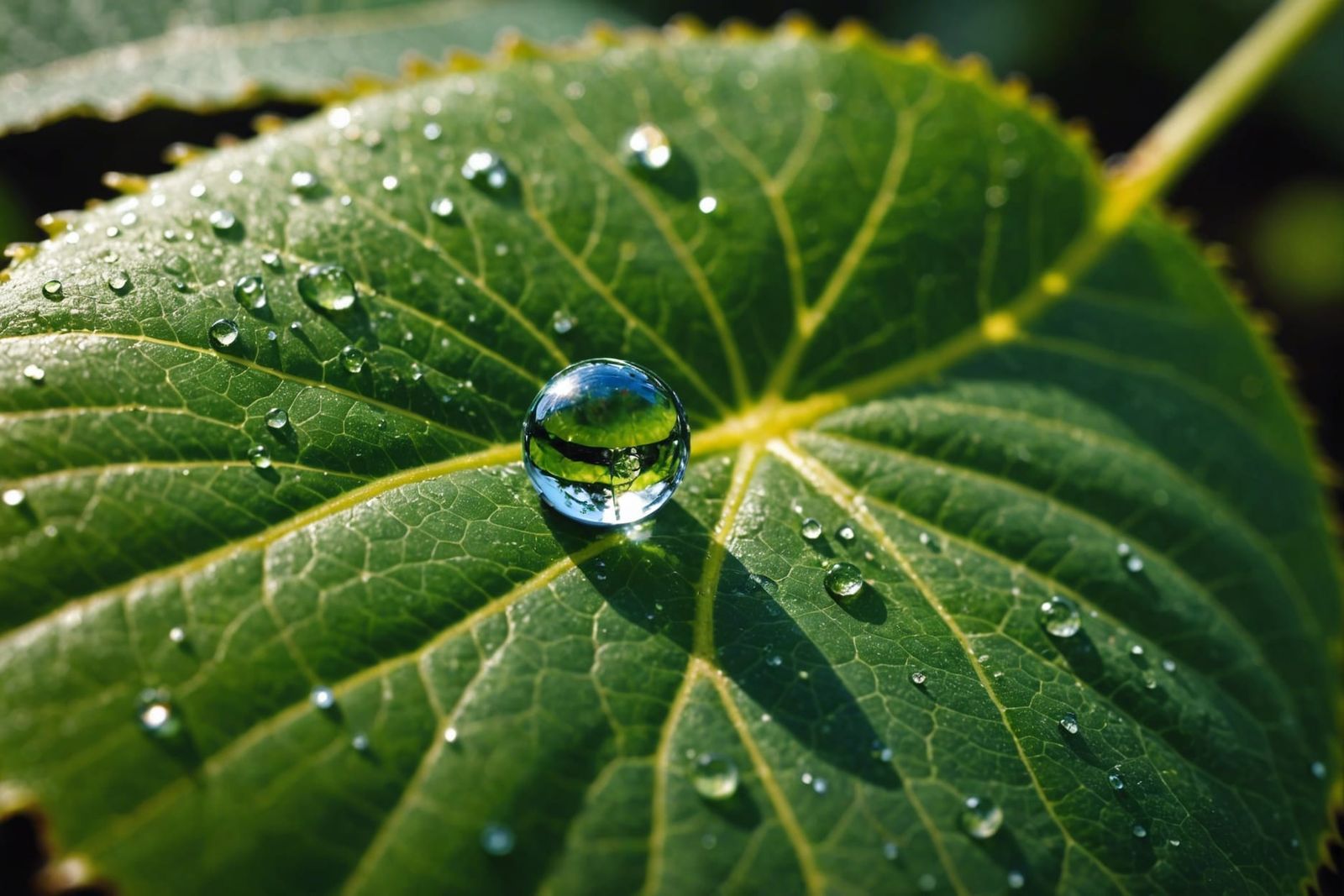 A macro photo of a water droplet on a leaf  by @EmzMc