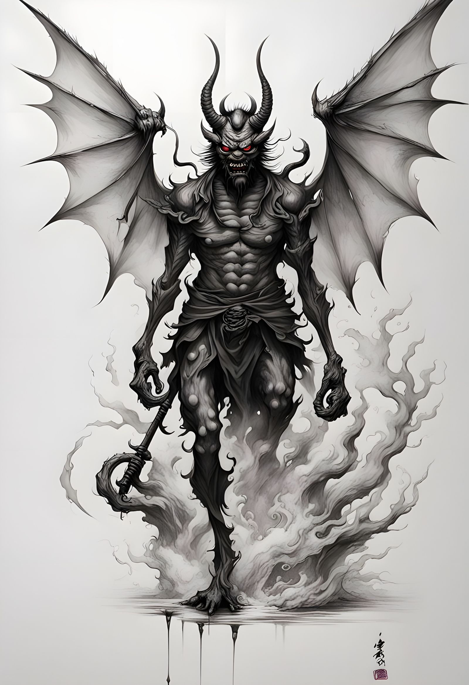 Dark Demon in Traditional Japanese Ink Art Style