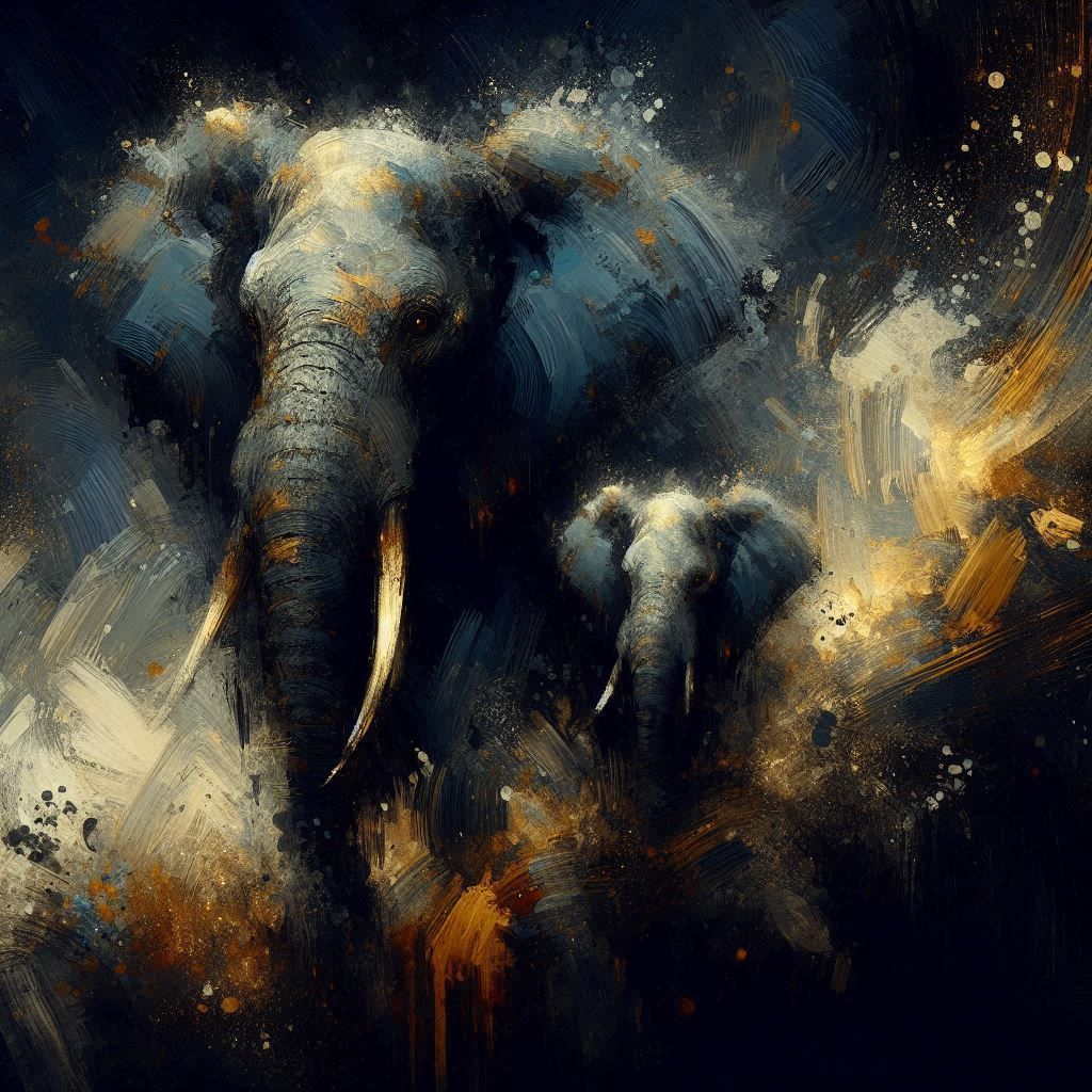 Elephants rushing out of the dark