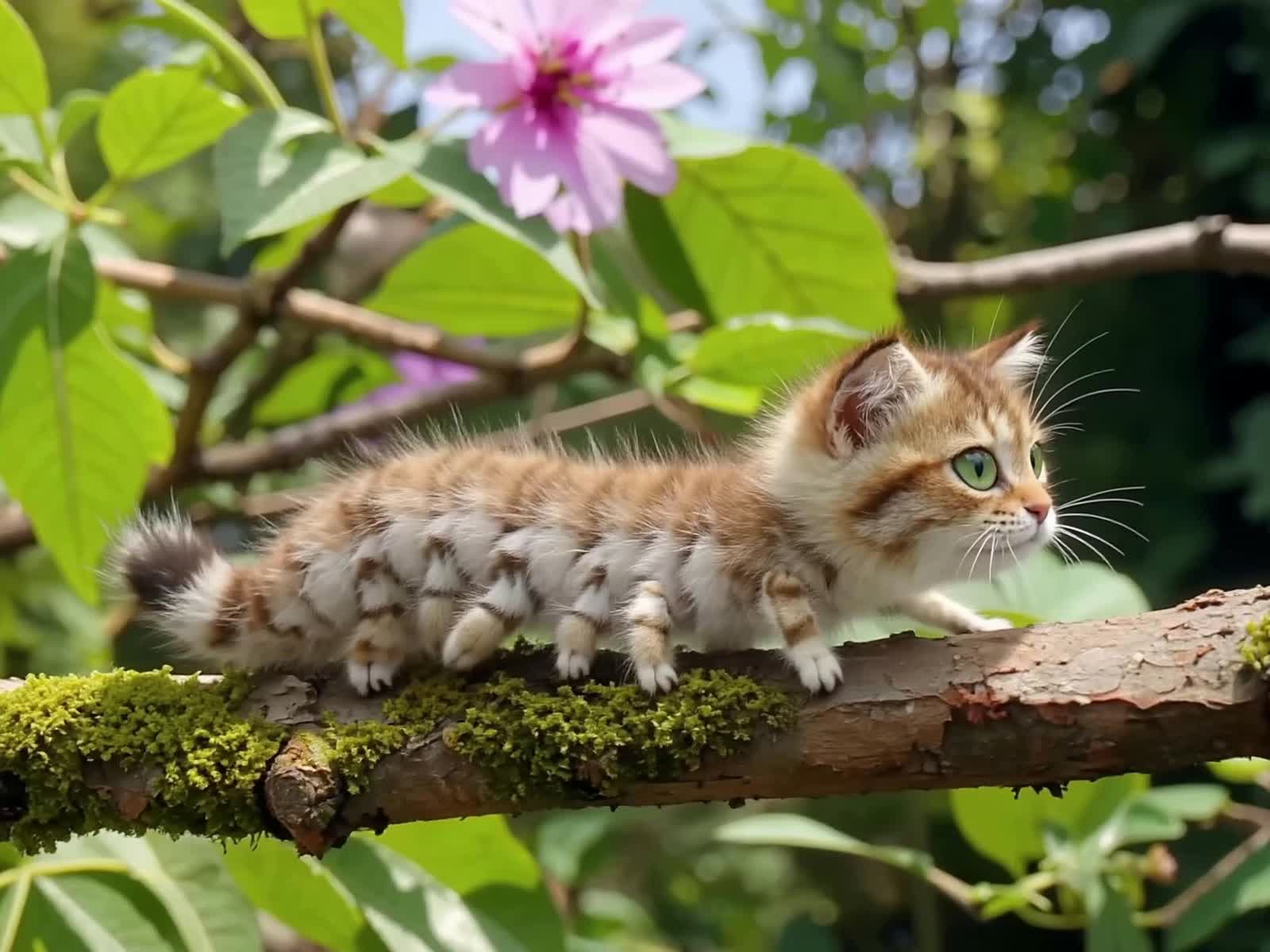 A hyper-realistic and adorable hybrid creature with the head of a small domestic cat and the long, segmented body of a c...