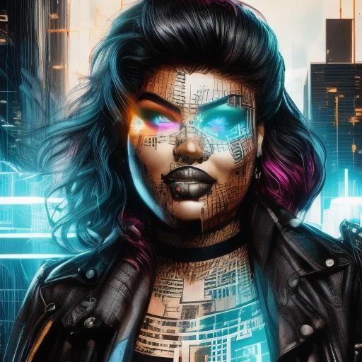 A plus size alternative woman on a cyberpunk city street. Drips, ink, zendoodles <lora:ZenDoodles:1.0> 