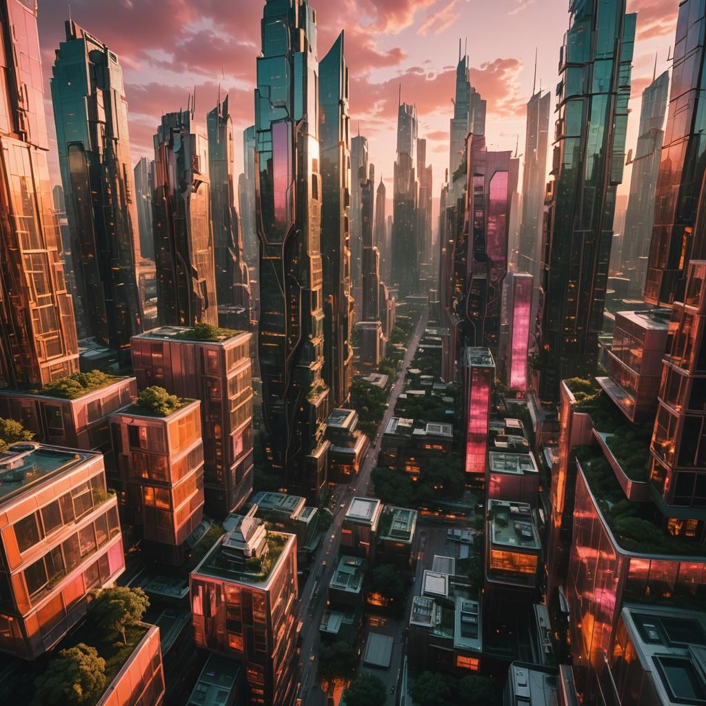 Dystopian Futuristic Cityscape at Sunset in 8k