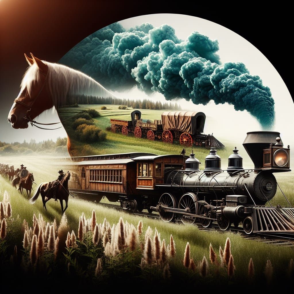Double exposure image: horse and covered wagon +steam train Ross country, 3d liquid detailing, high resolution, ...  by @PJs AiArt