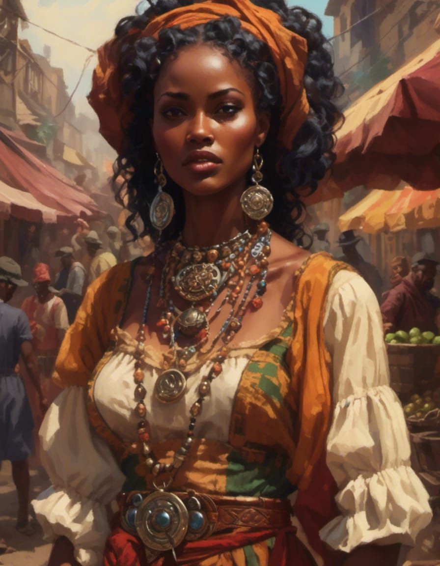 close up shot of a gorgeous african woman on a market, in the style of <lora:aZovyaRPGV2art:1.0>