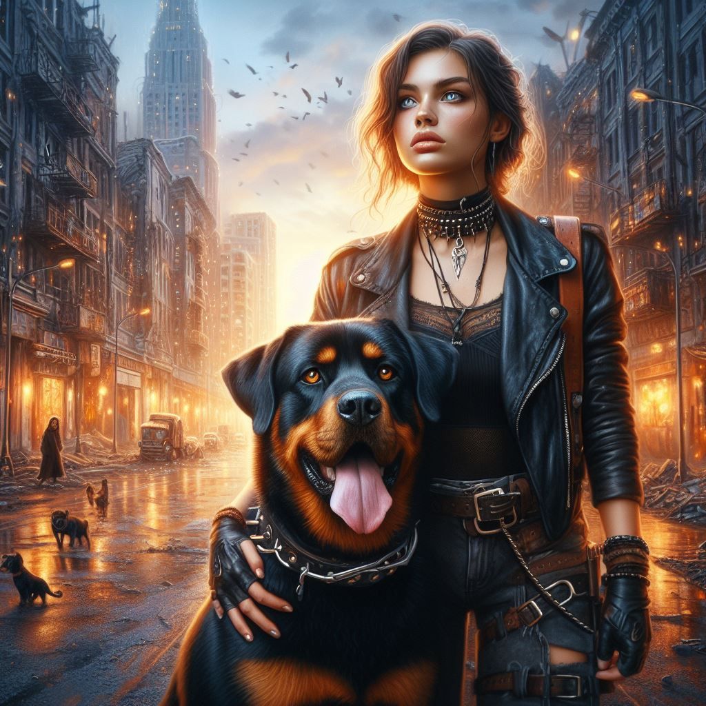 Une fille et son chien dans les ruines